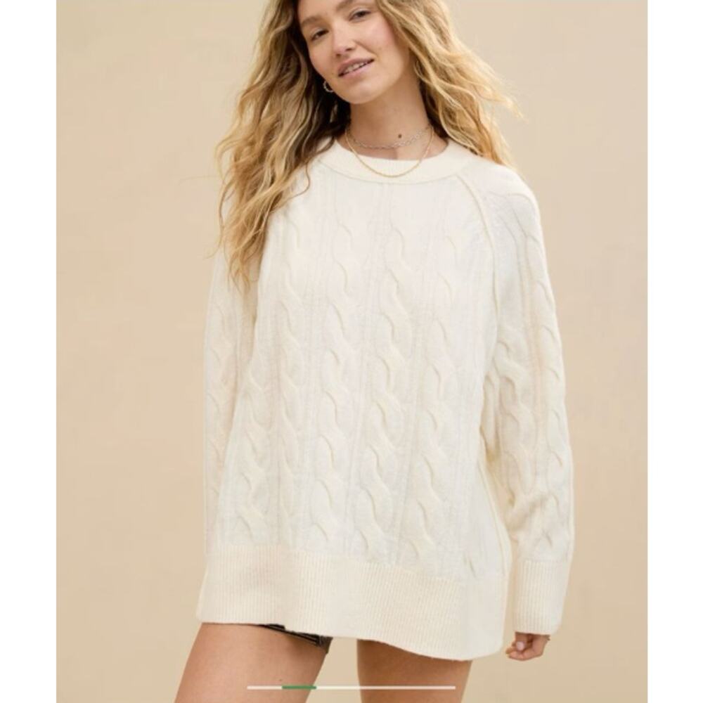 Aerie Unreal Cable Knit Crewneck Pullover Sweater Cream Women's Size XL
